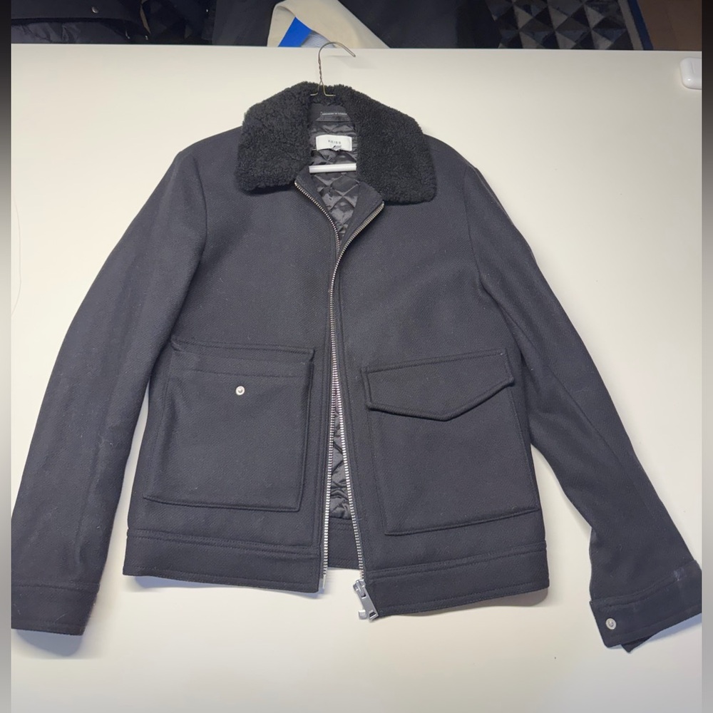 Reiss Black Military Jacket with Shearling Collar